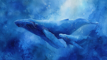 Whale and calf swimming in dreamy watercolor ocean