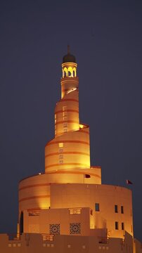 qatar doha 14 june 2025. the iconic spiral mosque (fanar) in doha illuminated at night