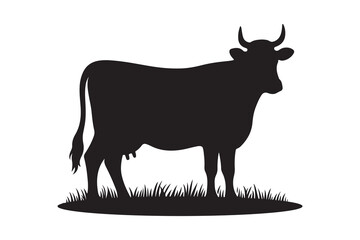 Solid Black Cow Silhouette in Profile on White Background