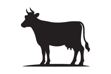 Solid Black Cow Silhouette in Profile on White Background