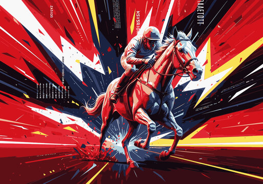 A dynamic, graphic illustration of a jockey and horse racing at high speed with an explosive, abstract background. - Powered by Adobe