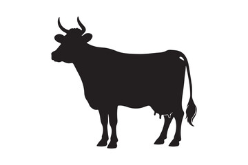 Solid Black Cow Silhouette in Profile on White Background
