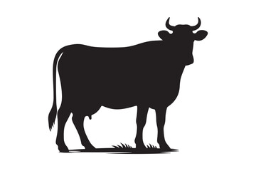 Solid Black Cow Silhouette in Profile on White Background