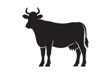Solid Black Cow Silhouette in Profile on White Background