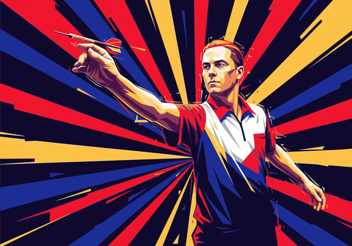 A stylized illustration of a professional darts player aiming a dart, set against a dynamic, colorful, radiating background.
