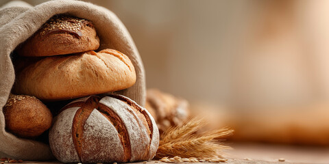 Homemade bakery scene with fresh bread, dough, flour, and a rolling pin on a rustic wooden table. Ideal for food blogs, cooking, and traditional baking themes