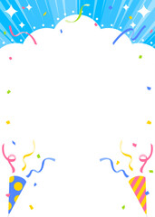 雲型の背景フレーム、クラッカー、テープ、紙吹雪のデコレーション、縦向き