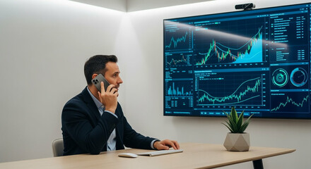 A businessman analyzes financial data on a large screen while speaking on his phone in a modern .