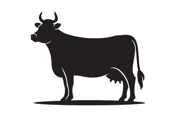 Solid Black Cow Silhouette in Profile on White Background
