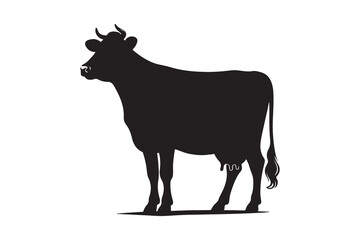 Solid Black Cow Silhouette in Profile on White Background