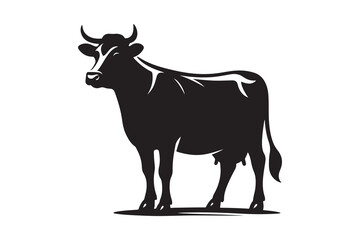 Solid Black Cow Silhouette in Profile on White Background