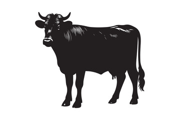 Solid Black Cow Silhouette in Profile on White Background