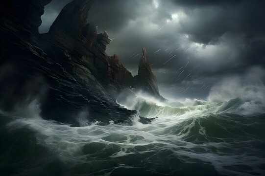A dramatic seascape with waves crashing against rocky cliffs under a stormy sky - Powered by Adobe