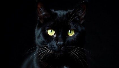 Portrait of Black cat with green eyes against a black background, created with generative ai
