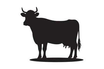 Solid Black Cow Silhouette in Profile on White Background