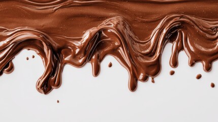 Melted chocolate flows gracefully, forming smooth curves and drips against a pristine white surface. Perfect for dessert decoration or culinary creativity, it showcases rich texture and color.