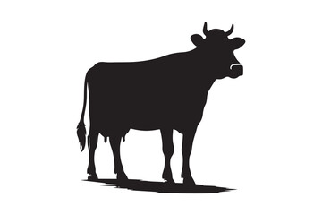 Solid Black Cow Silhouette in Profile on White Background