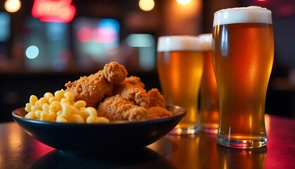 fried chicken and mac & cheese with beer in a dimly lit bar, Food on the table at restaurant, created with generative ai