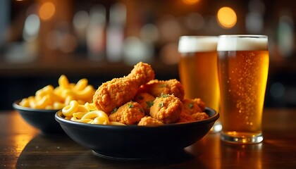 fried chicken and mac & cheese with beer in a dimly lit bar, Food on the table at restaurant, created with generative ai