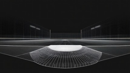 Wireframe representation of a tennis court against a dark background