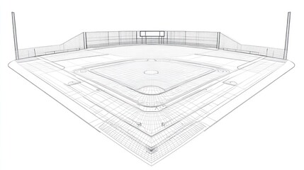 Wireframe schematic of a baseball field, showcasing the diamond, bases, dugouts, outfield fence, and batter's boxes, rendered in a simplistic, three-dimensional style against a white background