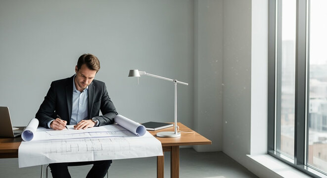 A focused young professional meticulously reviews architectural blueprints at his modern desk, illuminated by a desk lamp.