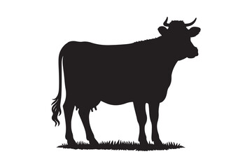 Solid Black Cow Silhouette in Profile on White Background