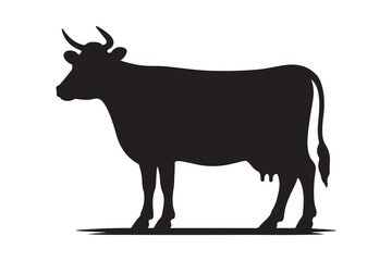 Solid Black Cow Silhouette in Profile on White Background