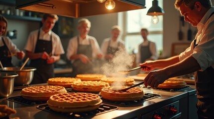 Waffle cooking event by culinary students professional kitchen food photography bright environment action shot