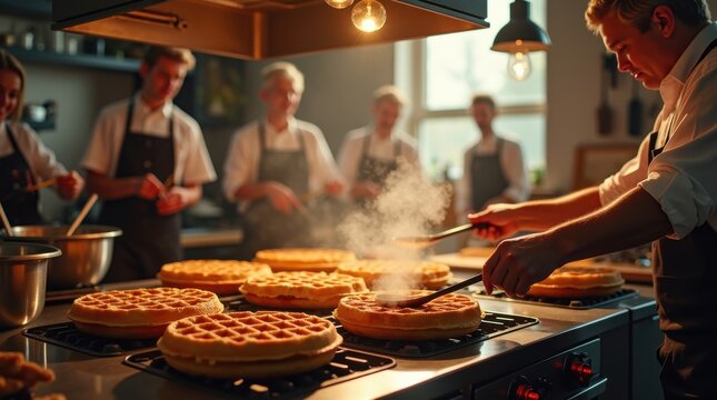 Waffle cooking event by culinary students professional kitchen food photography bright environment action shot