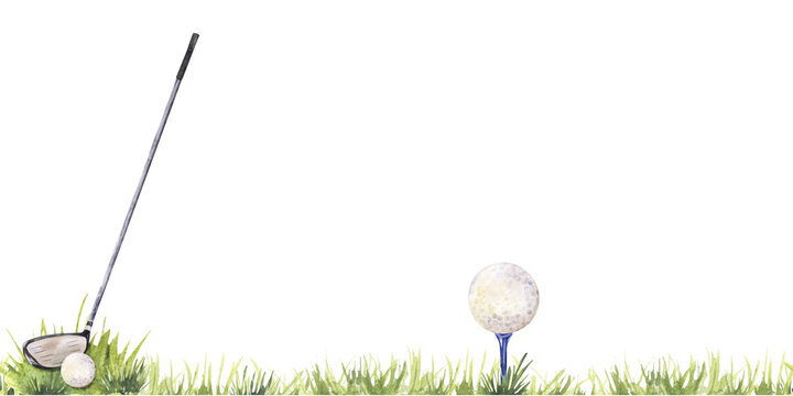 Seamless border of golf club hitting ball on grass in watercolor