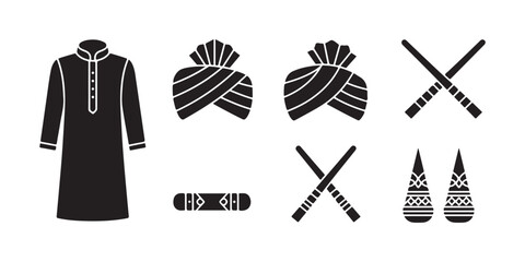 Black Silhouettes of Traditional Indian Festival Attire and Accessories