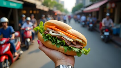 Holding a Delicious Banh Mi Sandwich on a Lively Street in Dhaka, Close-Up of a Vietnamese Banh Mi in Hand with City Traffic, Tasting Authentic Asian Street Food A Banh Mi in Dhaka