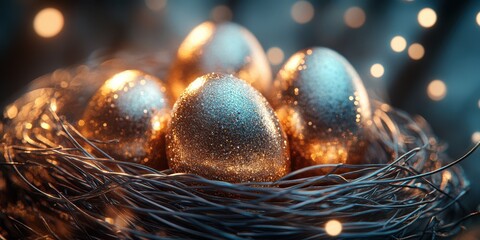 Golden eggs nestled in a decorative nest surrounded by soft glowing lights for a festive celebration