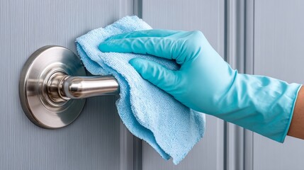 Hand in glove sanitizing door handle, concept of hygiene and surface disinfection.