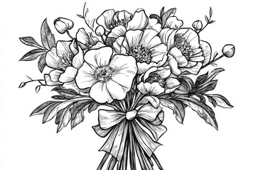 Cartoon bouquet of flowers tied with ribbons coloring page for kids, thick lines, low detail, black and white, no shading.