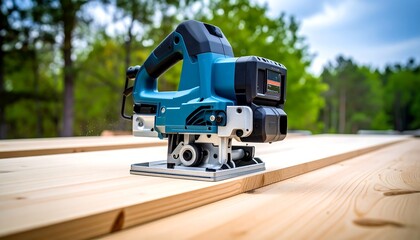 Teal cordless power tool rests on light wood
