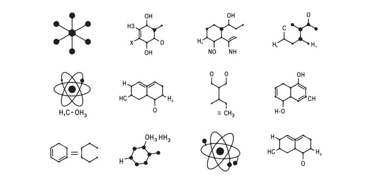 A collection of twelve black and white chemical structure diagrams in a grid arrangement
