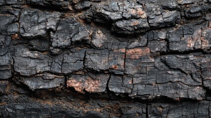 A close-up view of charred wood reveals detailed cracks and crevices. The surface displays a mix of blackened and lighter hues, creating a striking texture illuminated by natural sunlight.