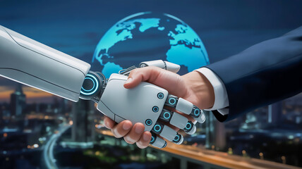 A human and robot hand shake in front of a digital globe, symbolizing collaboration in the age of artificial intelligence