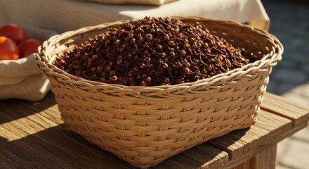 picture of cloves | A woven basket filled with aromatic spices sits on a rustic wooden table, surrounded by fresh tomatoes, creating a vibrant market scene in a sunny outdoor setting