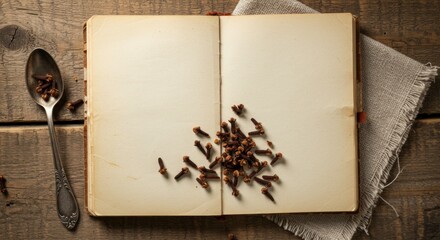picture of cloves | An open vintage book lies on a rustic wooden table, scattered with cloves, evoking a sense of nostalgia and culinary inspiration in a warm, inviting atmosphere