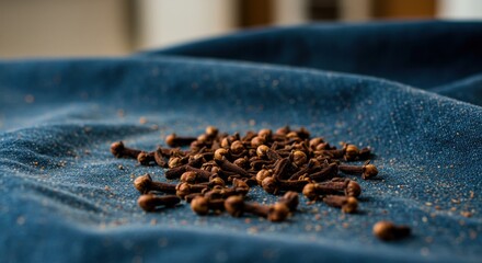 picture of cloves | A close-up view of scattered cloves on a textured blue fabric background, highlighting their rich brown color and the intricate details of the spices