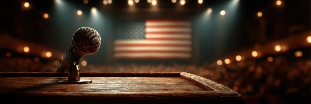 Public speaking event featuring a microphone at a podium with an American flag backdrop during a political gathering