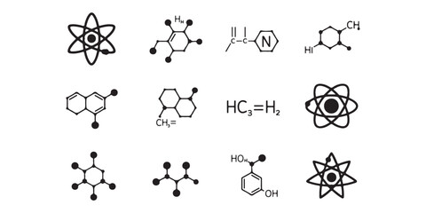Compilation of black and white scientific diagrams including atoms and chemical structures