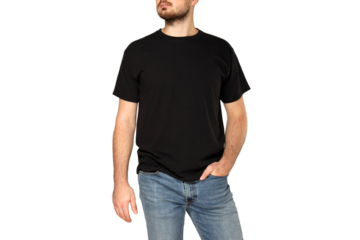 Male model poses confidently in black t-shirt, isolated on white, PNG