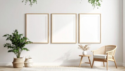 Sun-kissed Japandi Living Room with a Trio of Blank Frames and Rattan Chair.