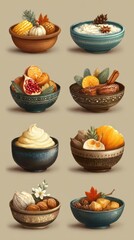 Variety of colorful desserts displayed in decorative bowls on a neutral background
