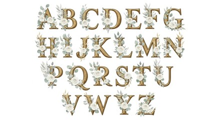 Elegant gold alphabet letters adorned with delicate white roses and greenery for sophisticated design projects