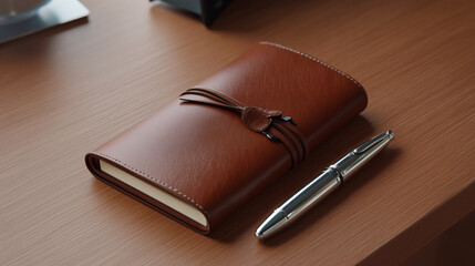 A travel journal and a pen.	A beautiful, leather-bound, brandless travel journal is shown with a stylish pen, ready to be filled with memories.
